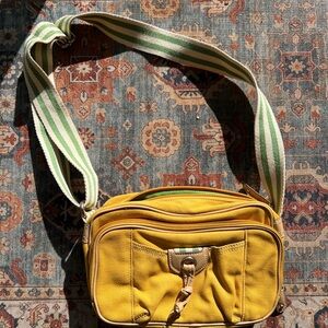 St. John's Bay Mustard Yellow Canvas Crossbody Bag with Green-Striped Strap